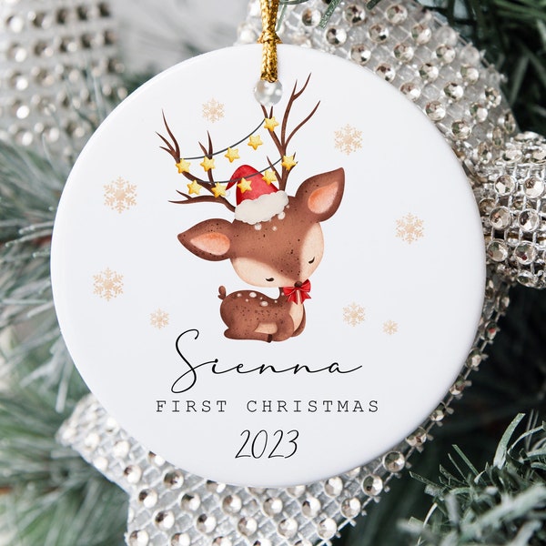 Personalised First Christmas Ornament - Funny Reindeer Ceramic Decoration - Stocking Filler - Baby's Xmas Keepsake - Boy or Girl Gift