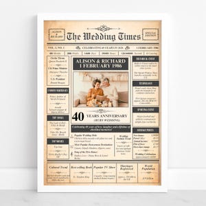 May include: A framed newspaper-style poster titled The Wedding Times, dated 1 February 1986, featuring a central photograph of a couple, text detailing historical events, popular culture, and statistics from 1986, celebrating a 40-year anniversary.
