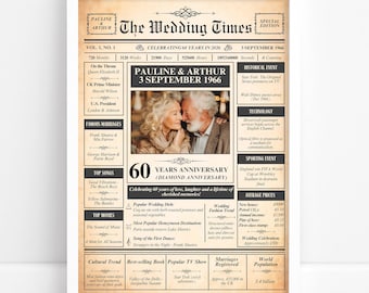 60th Anniversary Diamond Newspaper Style Poster, Featuring Wedding Photo and Names, A4 A3 Print