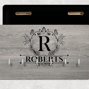Personalised Key Holder, Monogram Design (4 or 6 Hooks, Black MDF)