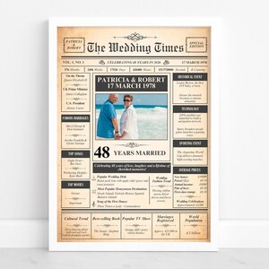May include: A framed print titled "The Wedding Times" marking a couple's 48th anniversary. The design features a photo of the couple, historical facts, and cultural references from 1978.