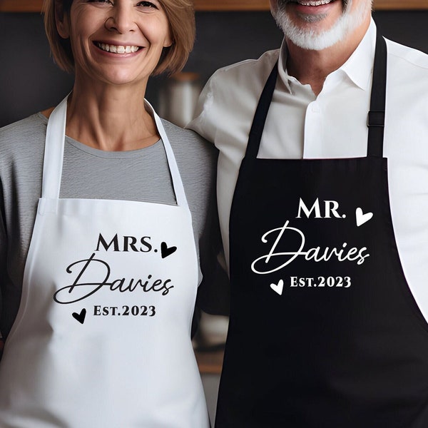 Personalised Matching Aprons for Couples - Custom Wedding Anniversary Gift, Mr & Mrs - Married Name with Est. Year