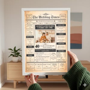 May include: A framed print resembling a newspaper, titled "The Wedding Times", commemorating a 40th wedding anniversary. It features the names "Alison & Richard" and the date "1 February 1986". The design includes various sections and headlines.