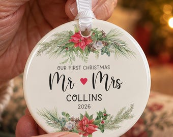 Personalised Poinsettia Married Ceramic Bauble, Surname and Year Added, 7cm Round Christmas Decoration