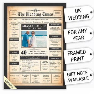 May include: A framed newspaper-style print titled The Wedding Times, dated 21 July 1985, featuring a photograph of a couple on a beach, text detailing historical events, top songs, movies, and average prices from that year, with a 40-year anniversary theme.