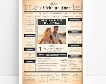 Personalised 1st Anniversary Paper Year Newspaper Style Print Wedding Memory Poster