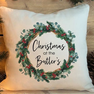 Personalised Christmas at The Family Cushion, Xmas Wreath Cushion Cover, Gift for Friend, Stocking Filler, Best Home Xmas Decoration