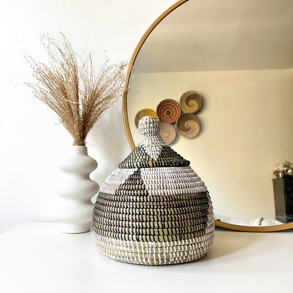 African woven basket with lid - black and white storage basket - decorative basket for shelves and entryway