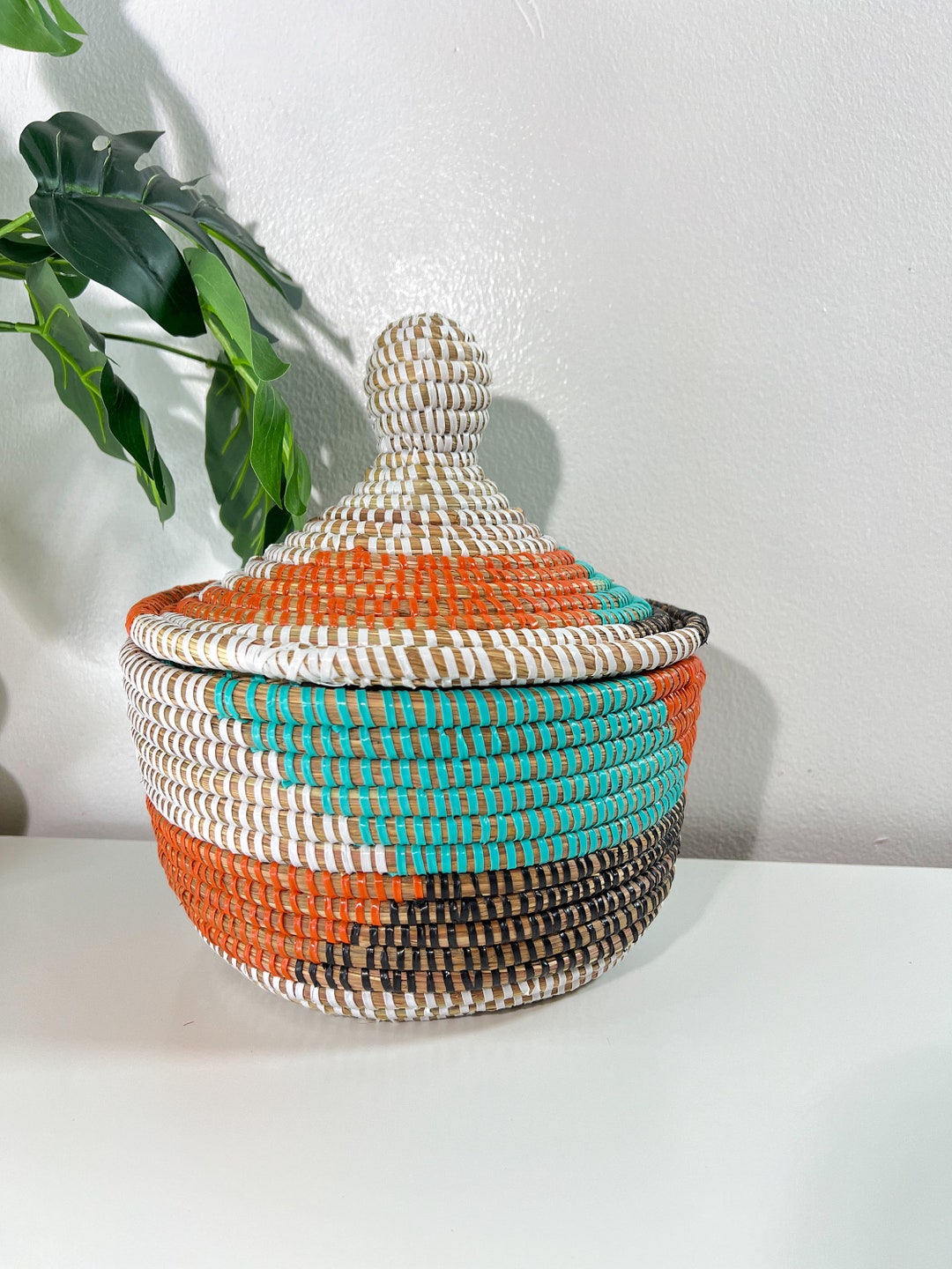 African Basket With Lid, Woven Basket, Colorful Lidded Basket, Storage