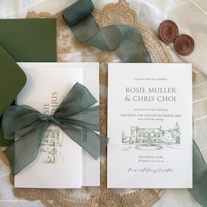 Elegant Estate: Invitación de boda personalizada con impresión tipográfica e ilustración del lugar