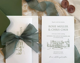 Elegant Estate: Invitación de boda personalizada con impresión tipográfica e ilustración del lugar