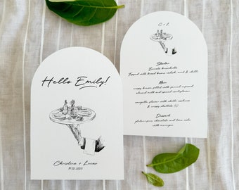 Tarjetas de menú de boda de arco caprichoso