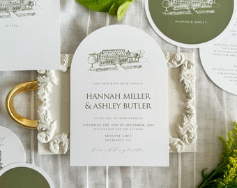 Invitaciones de boda con arco de paisaje sereno: diseño de ilustración de lugar personalizado