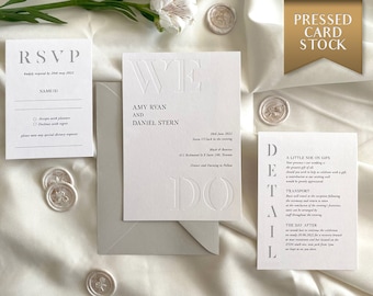 Invitaciones de boda impresas con la frase "WE DO" - Diseño con impresión tipográfica ciega