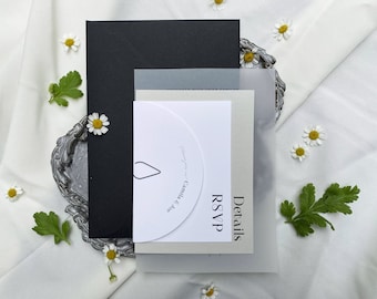 Suite de invitación de boda de vitela moderna con etiqueta de nombre de invitado de media luna