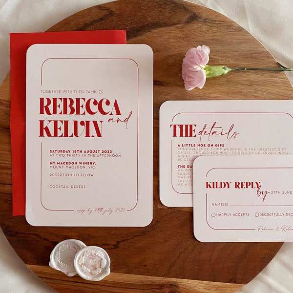 Simple Red - Rounded corner - full colour printing on Blush card stock - Wedding Invitations