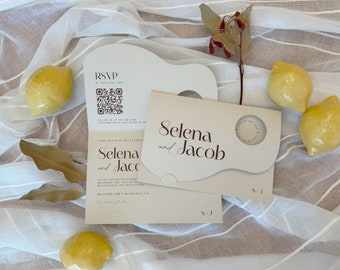 Invitaciones de boda plegadas con diseño moderno de olas de arena: diseño único y romántico