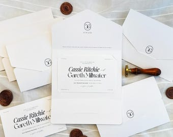 Invitación de boda moderna con bolsillo plegable y ranura minimalista