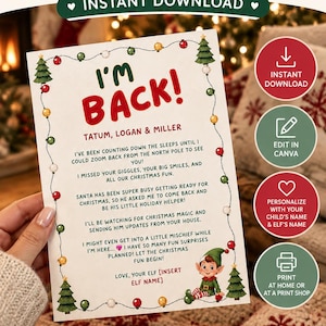May include: An editable and personalized Christmas elf arrival letter template featuring a string of colorful lights, green pine trees, and a cartoon elf. The text reads I'M BACK, TATUM, LOGAN & MILLER, and includes a message about returning from the North Pole.