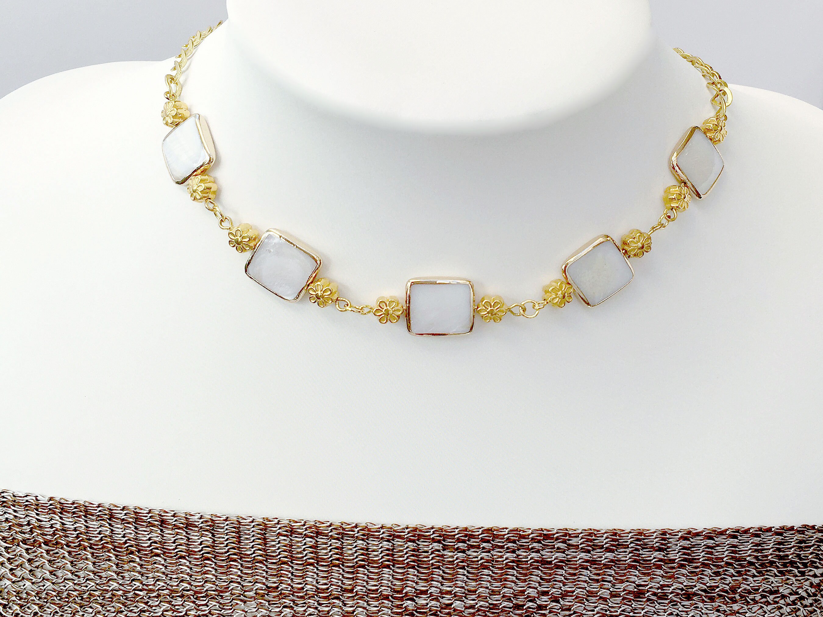 Set weißer quadratischer Muschelperlen Gold Choker und | Etsy