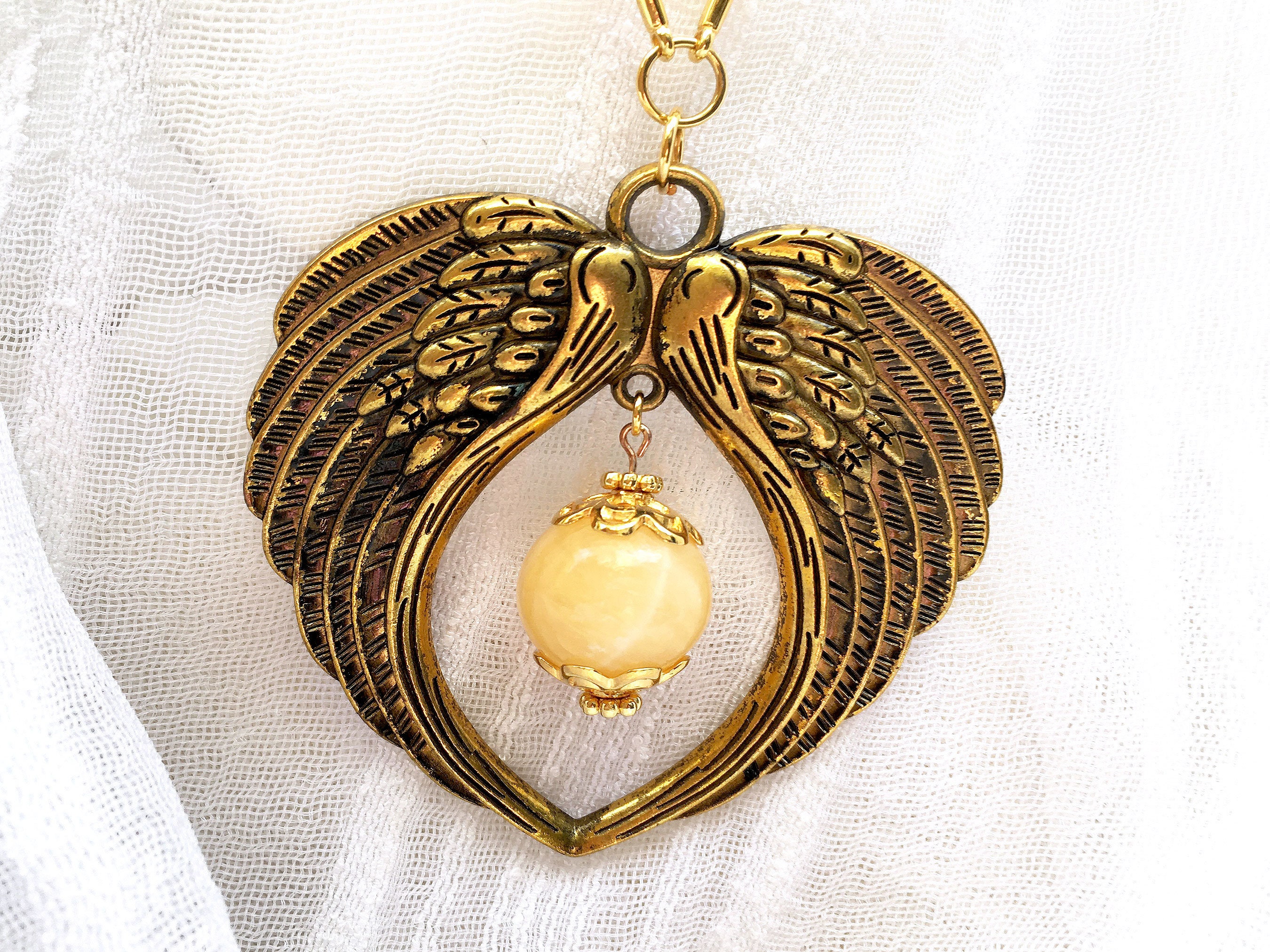 Antique Gold Angel Wings Pendant Necklace Long Gold Steel Etsy