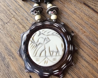 Hand Carved Elephant Pendant Necklace with Natural Horn Beads Boho Tribal Jewellery