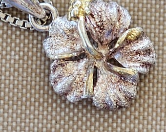 Elegant Sterling Silver Hibiscus Flower Pendant Gold Stamen Detail Botanical Jewellery Gift