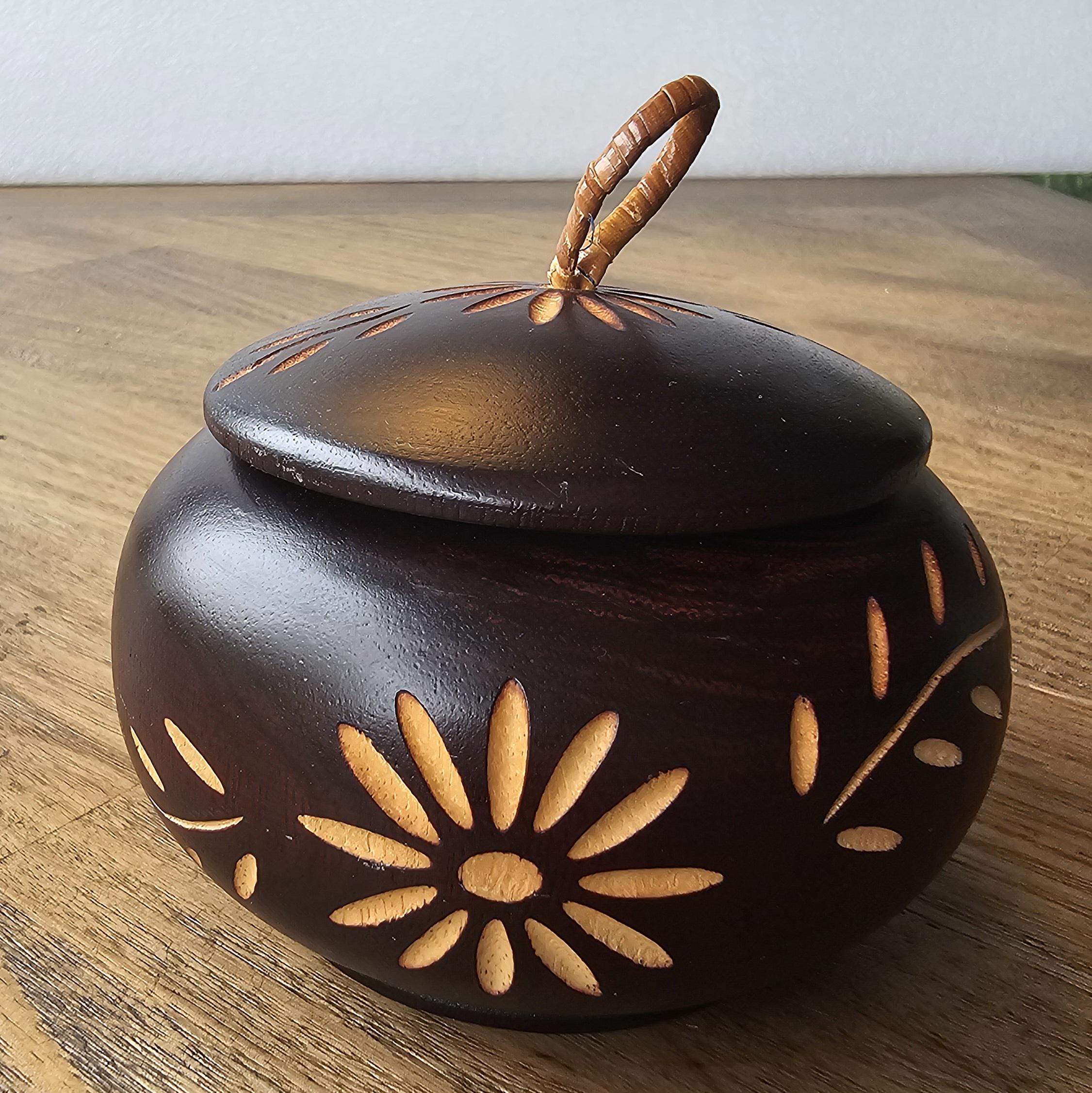 Wooden Round Container with Lid Hand Carved Flower Design South Pacific Islands