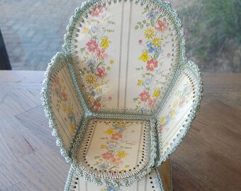 Chair Shape Vintage Box Handmade, Rare Granny Core Cardboard Paper Crochet 1960s