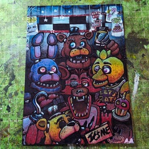 May include: A colorful illustration featuring characters from the Five Nights at Freddy's video game series. The artwork showcases Freddy, Bonnie, Chica, Foxy, and other animatronic figures in a detailed, cartoonish style. The background includes a checkered pattern and various signs.