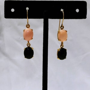 Coral and black onyx earrings, 24k gold vermeil earrings.