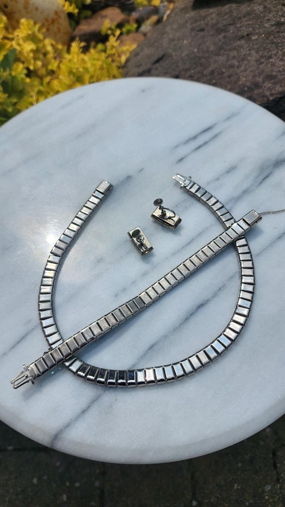 Green Art Deco Channel Set Necklace And Bracelet … - image 9