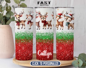 Vaso de reno navideño personalizado con nombre, vaso de reno para regalo de Navidad, vaso navideño con purpurina, taza navideña