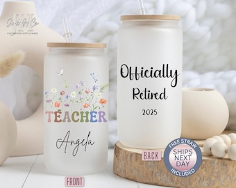 Teacher Retirement Glass Cup Retired Teacher Iced Coffee Cup Gift for Retired Teacher Officially Retired Cup Teacher Appreciation Gift