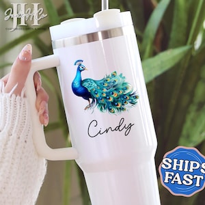 Peacock Tumbler, Personalized Peacock 40oz Tumbler with Handle Peacock Gifts for Peacock Lovers Custom Peacock Cup Peacock Travel Mug