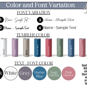 Op de afbeelding: Een grafiek die verschillende kleur- en lettertypevariaties voor een gepersonaliseerde beker laat zien. De bekerkleuren omvatten zwart, wit, lila, beige, marineblauw, rozenhout, saliegroen, leisteenblauw, roze mauve en aangepaste kleur. De lettertypevariaties omvatten vier verschillende stijlen. De tekstkleuren omvatten zwart, wit, grijs, marineblauw, saliegroen en roze mauve.
