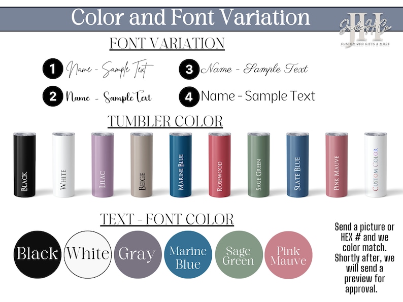 Op de afbeelding: Een grafiek die verschillende kleur- en lettertypevariaties voor een gepersonaliseerde beker laat zien. De bekerkleuren omvatten zwart, wit, lila, beige, marineblauw, rozenhout, saliegroen, leisteenblauw, roze mauve en aangepaste kleur. De lettertypevariaties omvatten vier verschillende stijlen. De tekstkleuren omvatten zwart, wit, grijs, marineblauw, saliegroen en roze mauve.