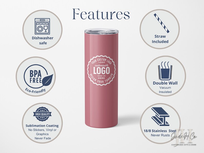 Op de afbeelding: Een roze roestvrijstalen tumbler met een wit logo-ontwerp. De tumbler is dubbelwandig en vacu&uuml;m ge&iuml;soleerd. Hij is ook vaatwasmachinebestendig, BPA-vrij en milieuvriendelijk. De tumbler wordt geleverd met een rietje en heeft een sublimatiecoating die niet vervaagt.