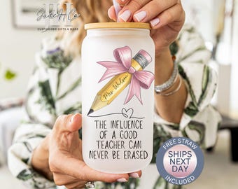 Personalized Teacher Glass Cup For Teacher Appreciation Teacher Gift for Teacher Glass Tumbler Teacher Iced Coffee Cup For Teacher Tumbler
