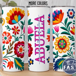 Personalized Abuela Tumbler With Mexican Floral Embroidery, Custom Abuela Tumbler Cup, Abuela Gift from Grandkids Mexican Embroidery Tumbler
