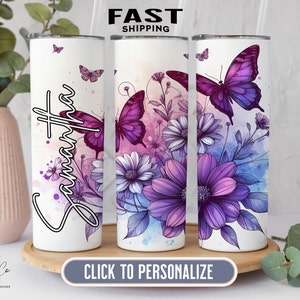 Purple Butterfly Tumbler Personalized,  Butterfly Tumbler Cup With Straw, Butterfly Gifts For Women, Butterfly Gifts, Butterfly Lover Gifts