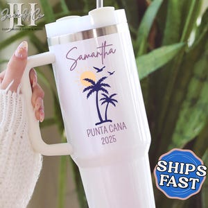 Custom Vacation Tumbler, Personalized Family Vacation 40oz Tumbler with Handle Matching Beach Travel Cup Summer Beach Tumbler Palm Tree Cup