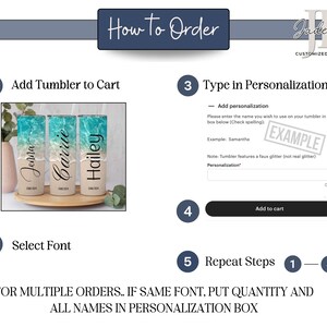 Puede incluir: Instrucciones para pedir vasos personalizados. Agrega el vaso a tu carrito, selecciona una fuente y escribe el nombre que deseas personalizar en el vaso. La imagen muestra tres vasos con los nombres Jenna, Carrie y Hailey. El texto en la imagen dice "Agregar personalizaci&oacute;n" y "Ejemplo: Samantha". El texto tambi&eacute;n dice "Nota: El vaso presenta un brillo falso (no brillo real)".