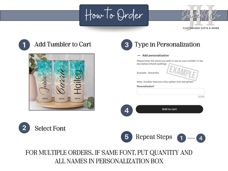 Puede incluir: Instrucciones para pedir vasos personalizados. Agrega el vaso a tu carrito, selecciona una fuente y escribe el nombre que deseas personalizar en el vaso. La imagen muestra tres vasos con los nombres Jenna, Carrie y Hailey. El texto en la imagen dice "Agregar personalizaci&oacute;n" y "Ejemplo: Samantha". El texto tambi&eacute;n dice "Nota: El vaso presenta un brillo falso (no brillo real)".