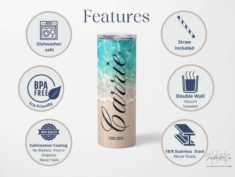 Puede incluir: Un vaso de acero inoxidable con una escena de playa y el texto "Carrie CABO 2024". El vaso es de doble pared y aislado al vac&iacute;o. Viene con una pajita y es apto para lavavajillas, libre de BPA y ecol&oacute;gico. El dise&ntilde;o se crea con recubrimiento de sublimaci&oacute;n, por lo que nunca se desvanecer&aacute;.