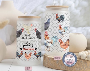Personalized Chicken Cup Chicken Lover Gift for Her Chicken Glass Cup Funny Chicken Gift Chicken Iced Coffee Cup Crazy Chicken Lady Gift
