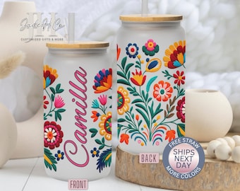 Mexican Embroidery Cup Personalized Mexican Floral Glass Cup Mexican Embroidery Iced Coffee Cup Mexican Embroidery Flower Frosted Glass Cup