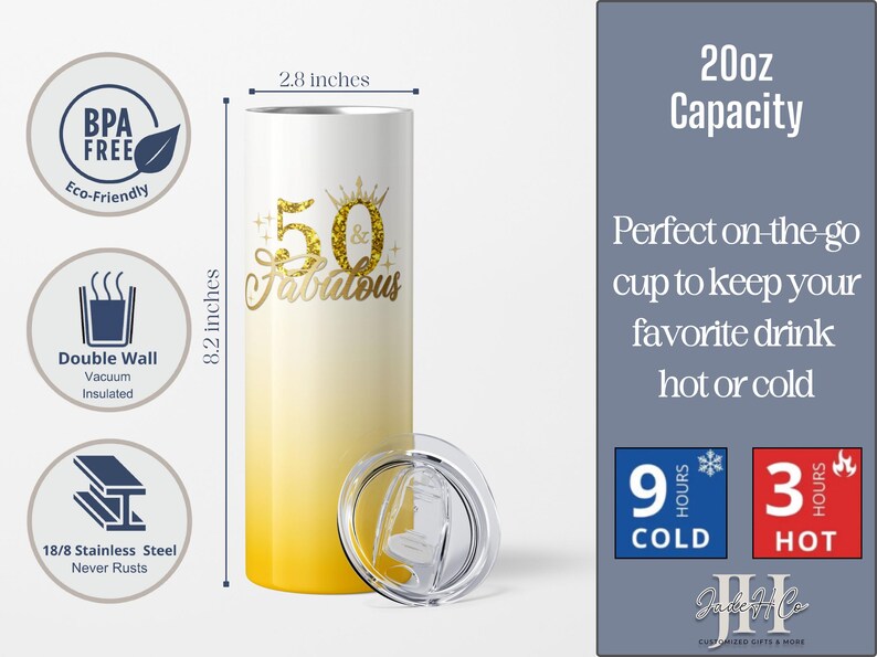 May include: A 20 ounce stainless steel tumbler with a white and yellow ombre design. The tumbler features gold glitter lettering that says "50 & Fabulous". The tumbler has a clear lid and is double-walled and vacuum insulated.