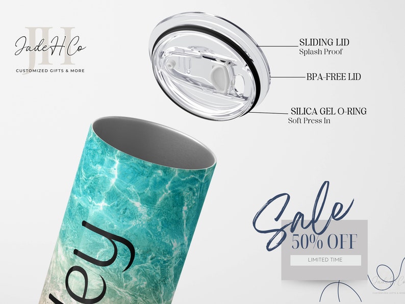 Puede incluir: Un vaso de acero inoxidable con un dise&ntilde;o de m&aacute;rmol turquesa y blanco. El vaso tiene una tapa negra con cierre deslizante y una junta t&oacute;rica de silicona. El texto "Sale 50% OFF" est&aacute; escrito en azul sobre un fondo gris. El texto "LIMITED TIME" est&aacute; escrito en negro sobre un fondo blanco.