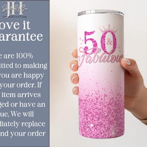 May include: Pink and white tumbler with glitter and the text "50 & Fabulous" in pink glitter.